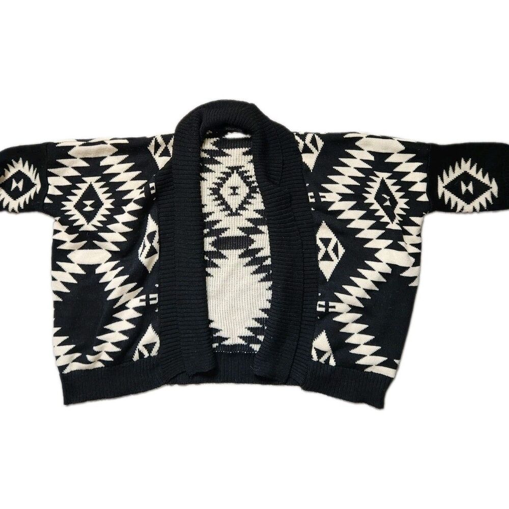 Solution Knit Aztec Cardigan Black Cream Open Front Oversized Sweater M/L GUC